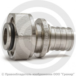 Соединитель латунный никелированный для PE-X труб Дн 20-3/4" под евроконус с накидной гайкой RAUTITAN Rehau