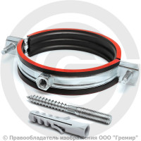 Хомут крепежный оцинкованный с резиновой прокладкой Ду-80 (Дн 87-90) (3") М8 в/к винт-шуруп, дюбель Хомут крепежный оцинкованный с резиновой прокладкой Ду-80 (Дн 87-90) (3") М8 в/к винт-шуруп, дюбель