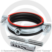 Хомут крепежный оцинкованный с резиновой прокладкой Ду-65 (Дн 73-80) (2 1/2") М8 в/к винт-шуруп, дюбель Хомут крепежный оцинкованный с резиновой прокладкой Ду-65 (Дн 73-80) (2 1/2") М8 в/к винт-шуруп, дюбель