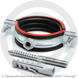 Хомут крепежный оцинкованный с резиновой прокладкой Ду-100 (Дн 108-116) (4") М8 в/к винт-шуруп, дюбель