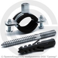 Хомут крепежный оцинкованный с резиновой прокладкой Ду-20 (Дн 26-30) (3/4") М8 в/к винт-шуруп, дюбель Strongman
