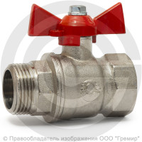 Кран латунный Ду-15 (1/2") Ру-40 ВР-НР (ВН-НАР) никель бабочка VALFEX 11Б27фт1М