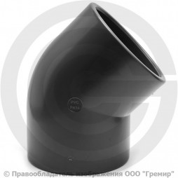 Отвод ПВХ клеевой серый Дн 63 45гр Ру-16 напорный Aquaviva