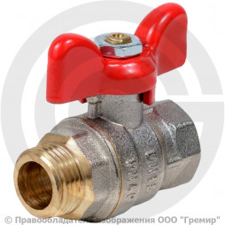 Кран латунный Ду-25 (1") Ру-40 ВР-НР (ВН-НАР) никель полнопроходной бабочка красная Dist Эксперт